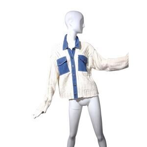 Sundance‎ Women's size XL Top Stitch Open Knit Denim Cottagecore Preppy Sweater